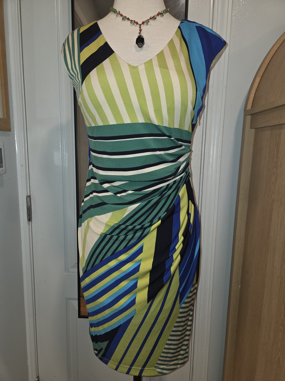 Roz & Ali Striped Midi Sheath Dress in Green, Blue and Black
